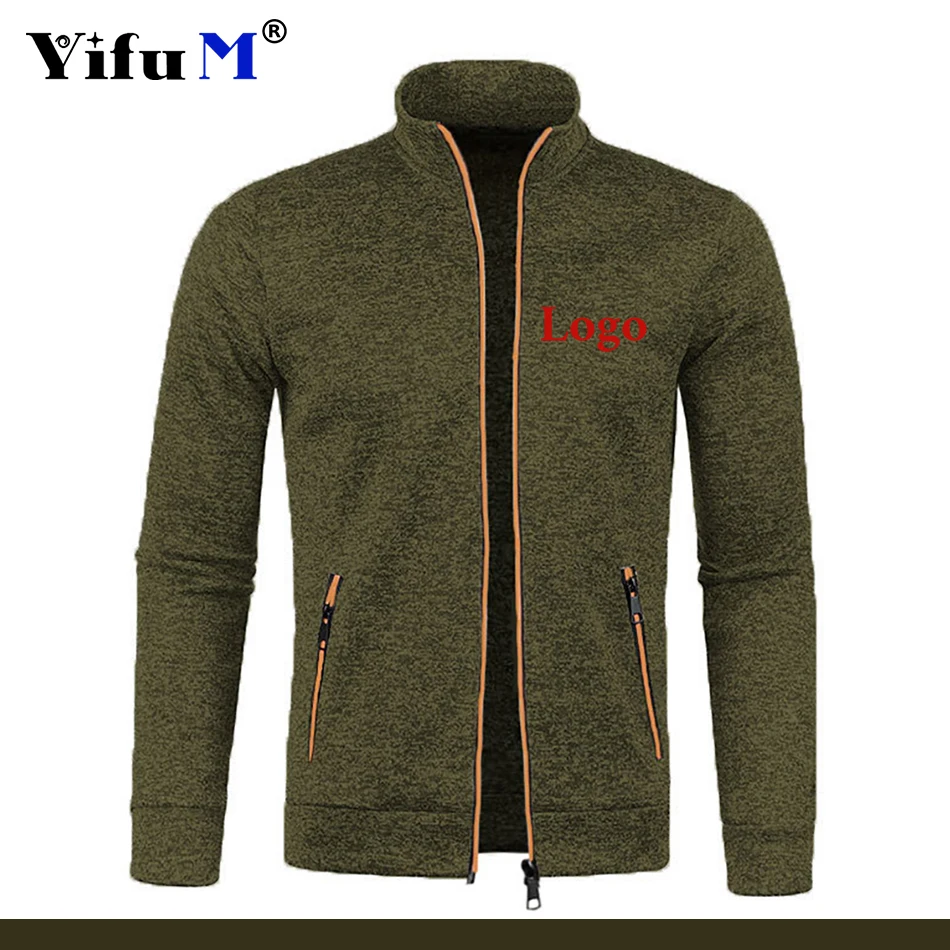 Jaqueta masculina com zíper logotipo estampado personalizado, moletons de manga longa, gola alta, casacos casuais, suéter de lã masculino, streetwear outono