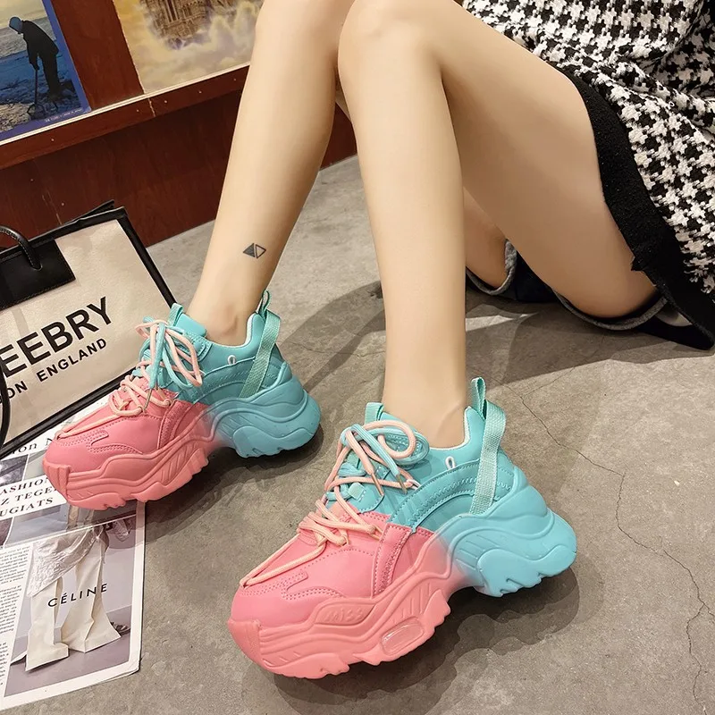 Color Blocking Women's Sneakers Women Pink PU leather Platform Shoes Leisure Fashion Designer Running Shoes zapatillas mujer