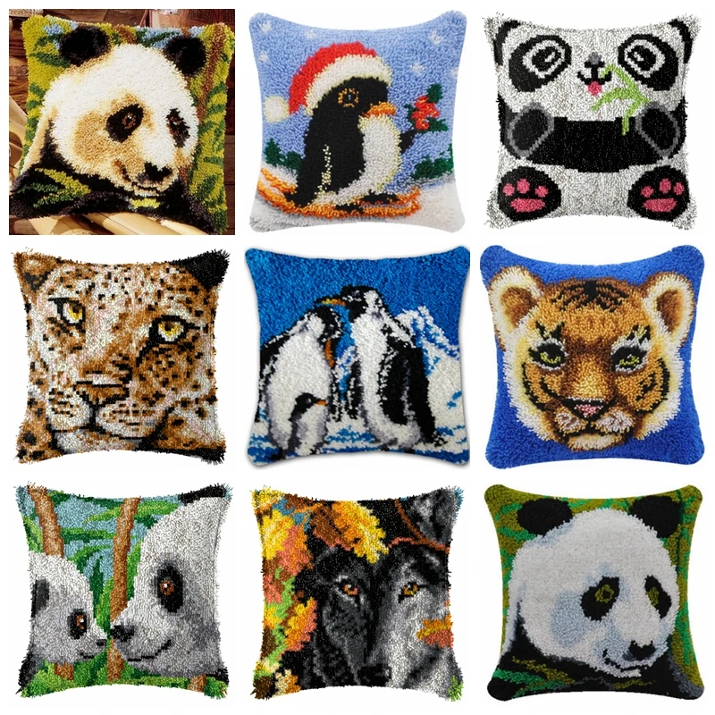 

Prajra Penguin Tiger Series Latch Hook Mat Kits Embroidery DIY Knooppakket Button Pad Package panda leopard Embroidery Pillow