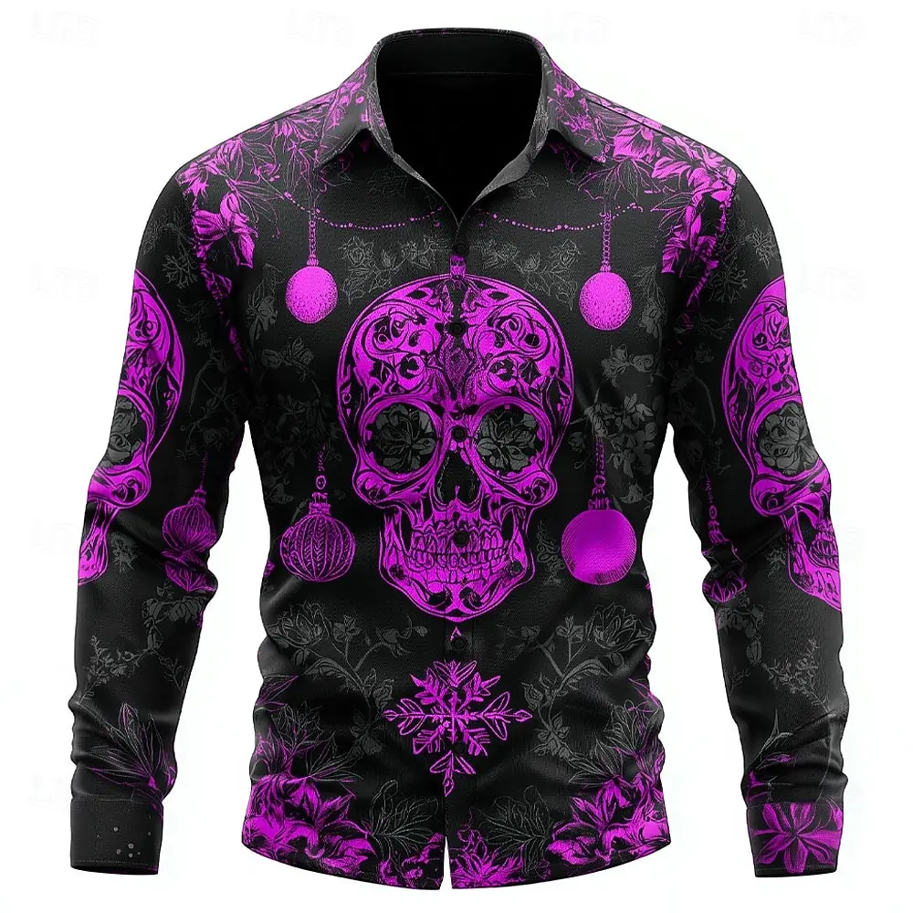 2026 Halloween Men's Skull Snowflake Christmas Light Shirt Printed Shirt Button Up Shirt Casual Long Sleeve Shirt Street Blouse