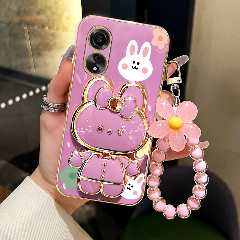 A 38 78 Flower Strap Rabbit Makeup Mirror Phone Holder Case On For Oppo A38 4G A78 4G A17 A18 OppoA38 Girl Woman Used Cover