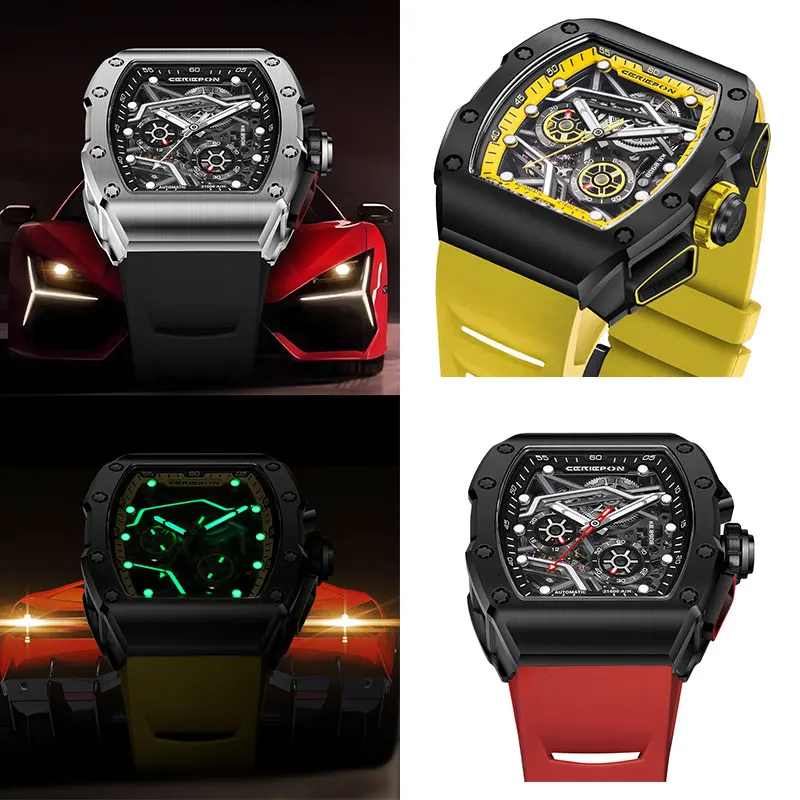 Men's Watch Hollowed-out 50m Waterproof Mechanical Sapphire Glass Sports Watch Silverstone Series Wine Barrel Shape Perfect Gift