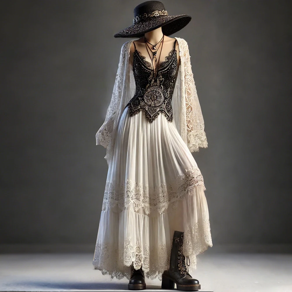 Women's Bohemian Lace Cami 2-Piece Set Hollow Out Smock Cardigan Long Sleeve Beach Tops For Summer Autumn Casual  Cardigans Sets