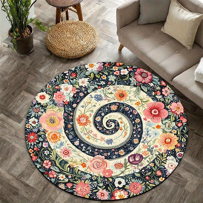 Retro floral swirl Flannel-printed round floor mats are slip-resistant Suitable for living room bedroom terrace garden carpets