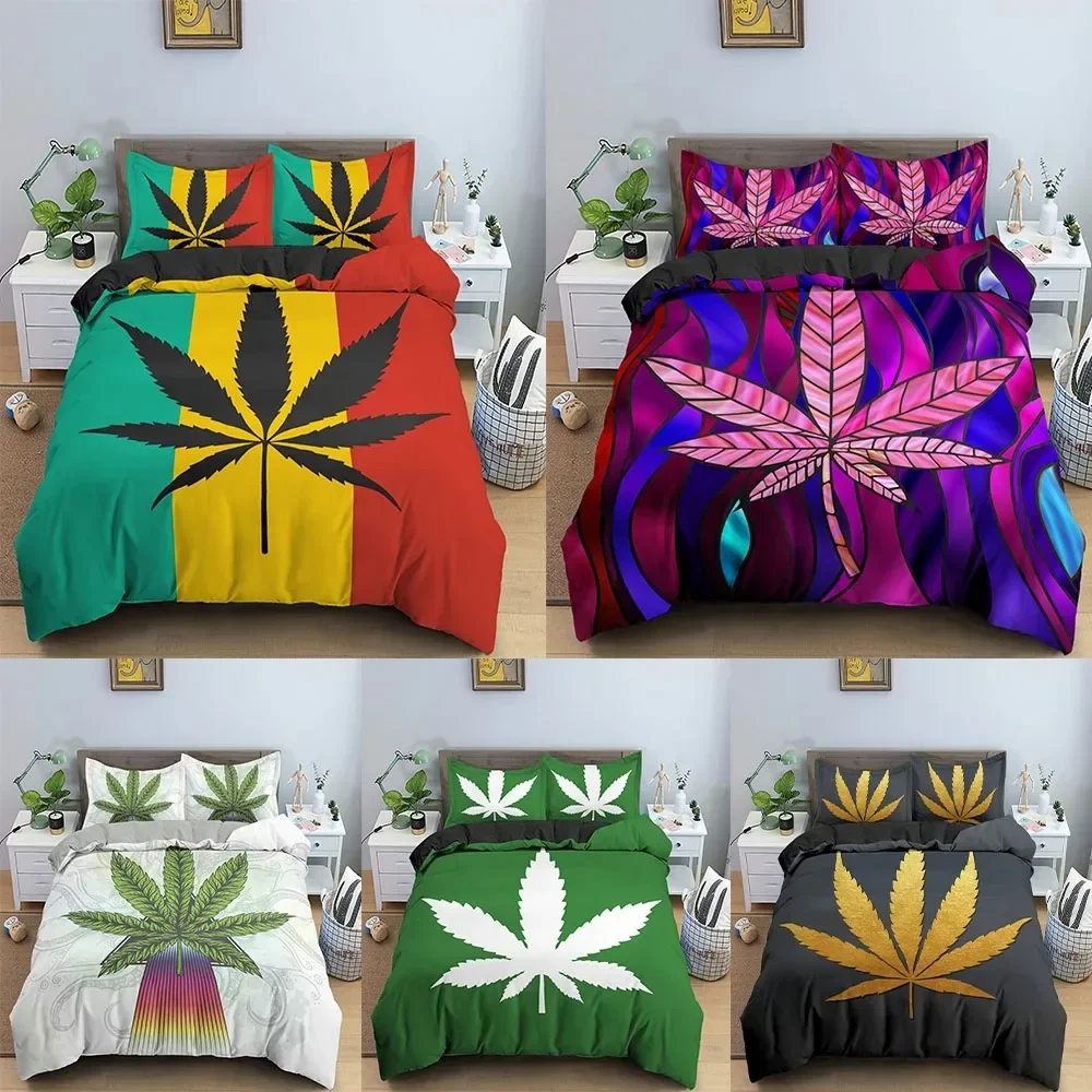 

Hot Sell Weed Leaves Bedding set Soft Microfiber Fabric Plant Duvet Cover Queen King Size Quilt Covers With Pillowcase