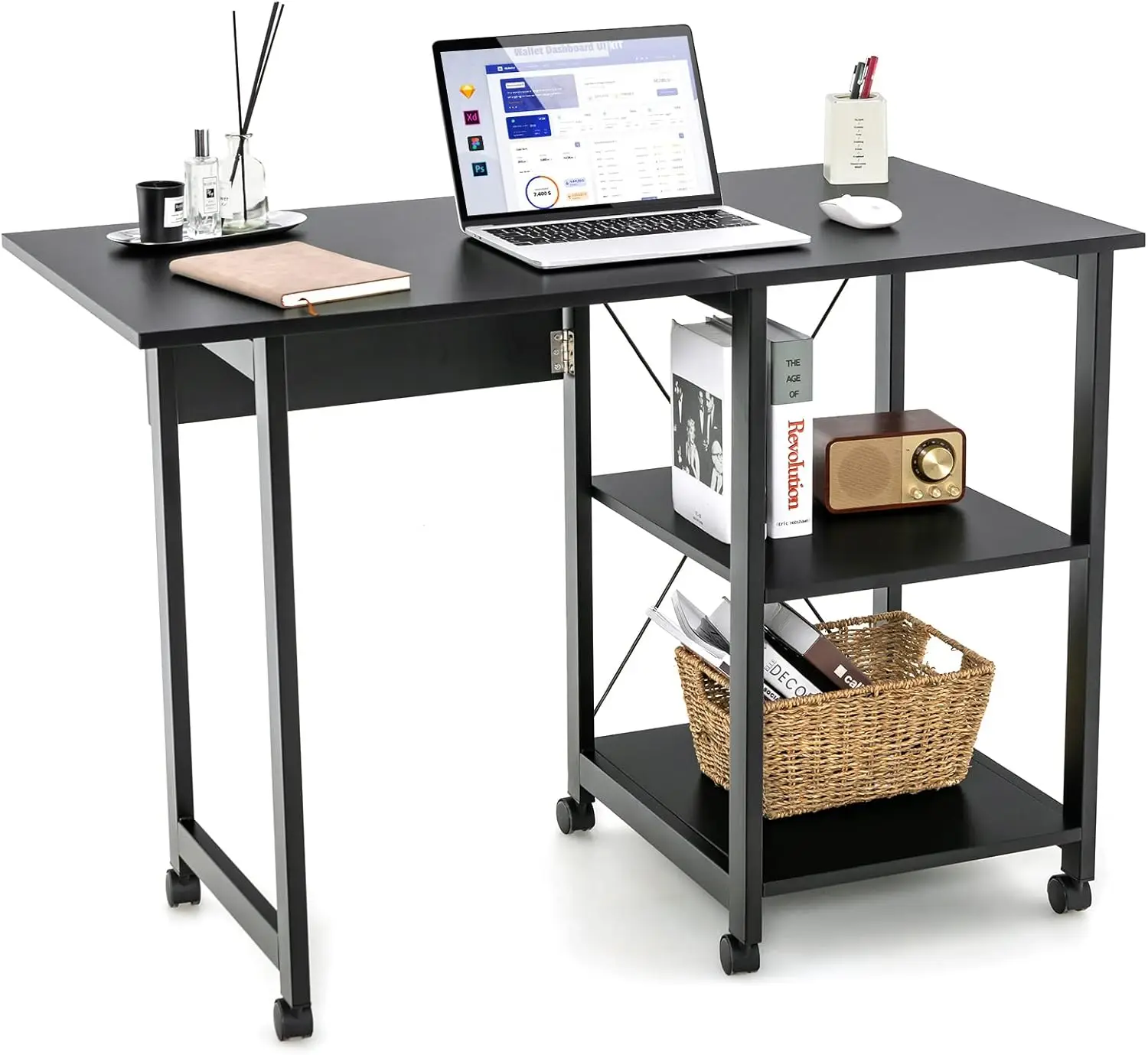 

Folding PC Laptop Desk on Wheels with 2-Tier Storage Shelves,Space-Saving Modern Writing Table for Small Apartment Home Office