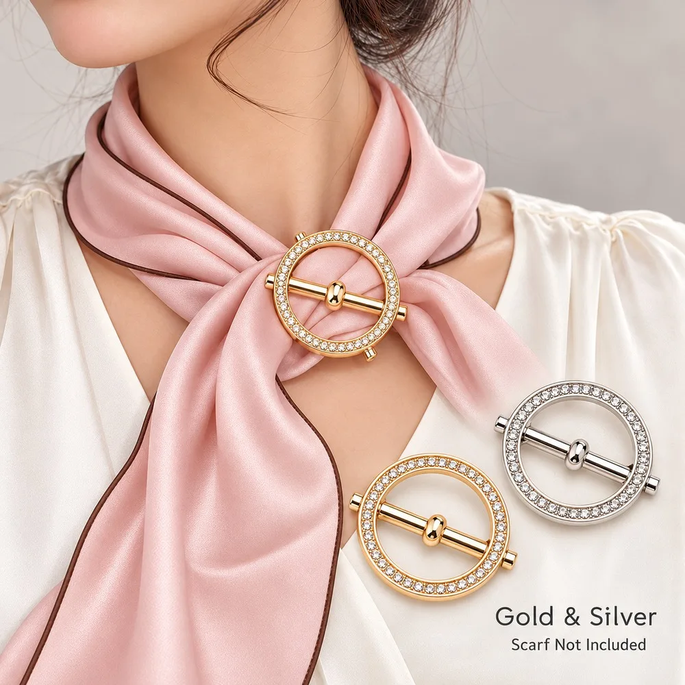 Women Rhinestone Scarf Ring Round Metal Scarf Buckle Shawl Clip T Shirt Hem Cinch Headscarf Holder Gold Silver Fashion Accessory