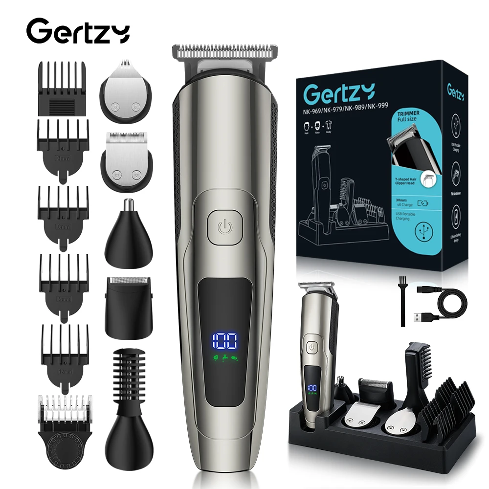 6-in-1 Adjustable Pitch Hairdresser Trimmer Set, USB Charging with LCD Monitor, Beard Body Nose Ears Face Cutting Razor