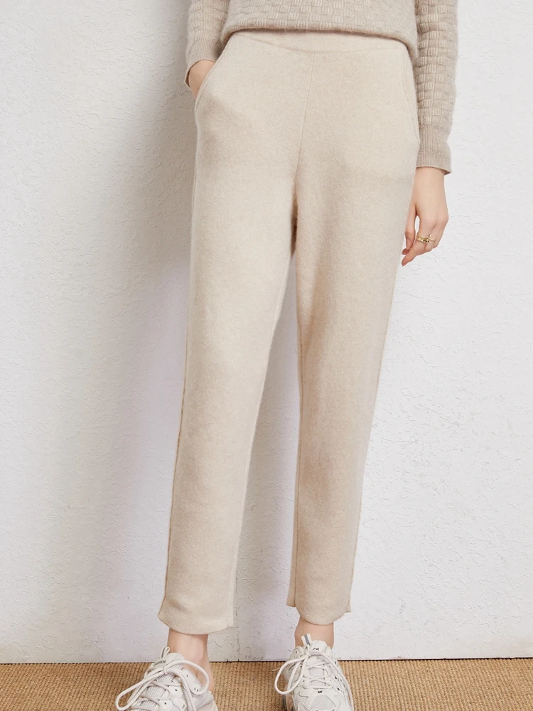 Autumn Winter Women's 100% Goat Cashmere Pants Office Lady Pencil Pants Simple Style Knittd Trousers Elasticated Waist Pants