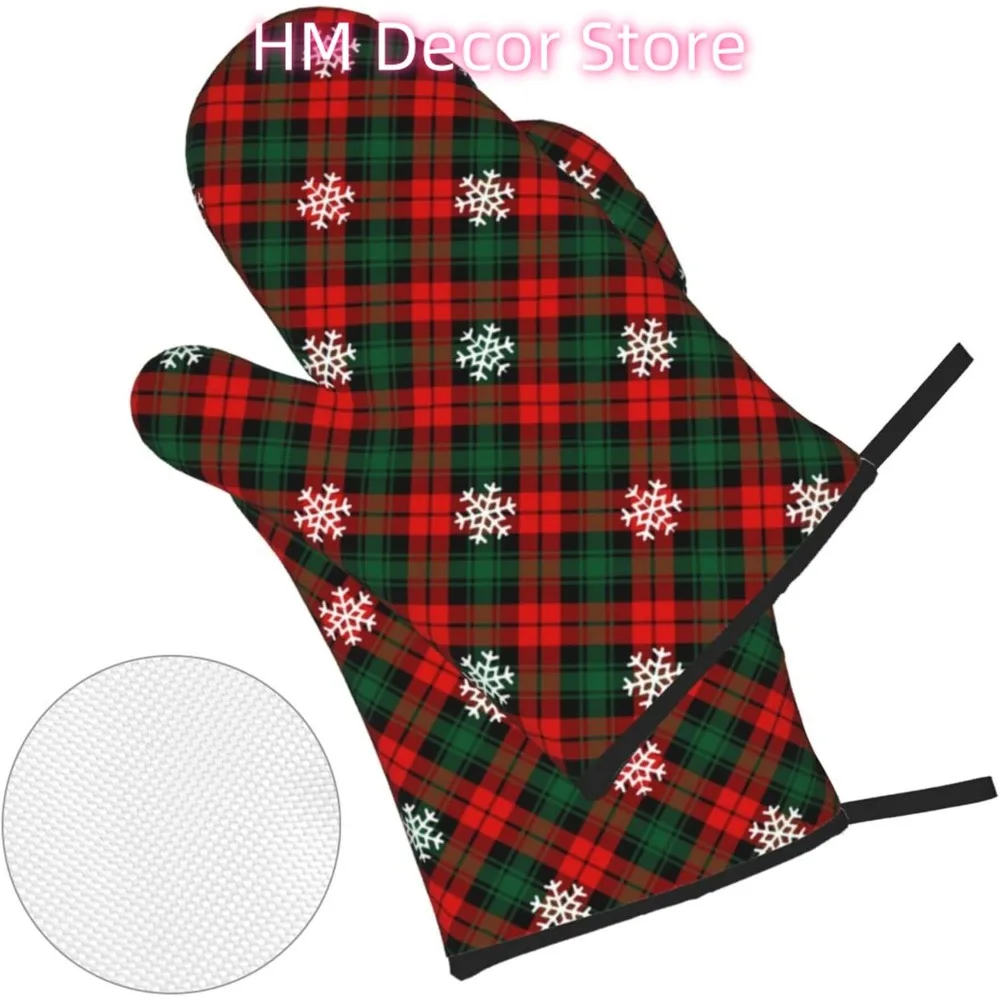 Red Green Plaid Snowflakes Oven Mitts and Pot Holders Sets of 4, Merry Christmas Cooking Gloves Holiday Country Style Oven Mitts