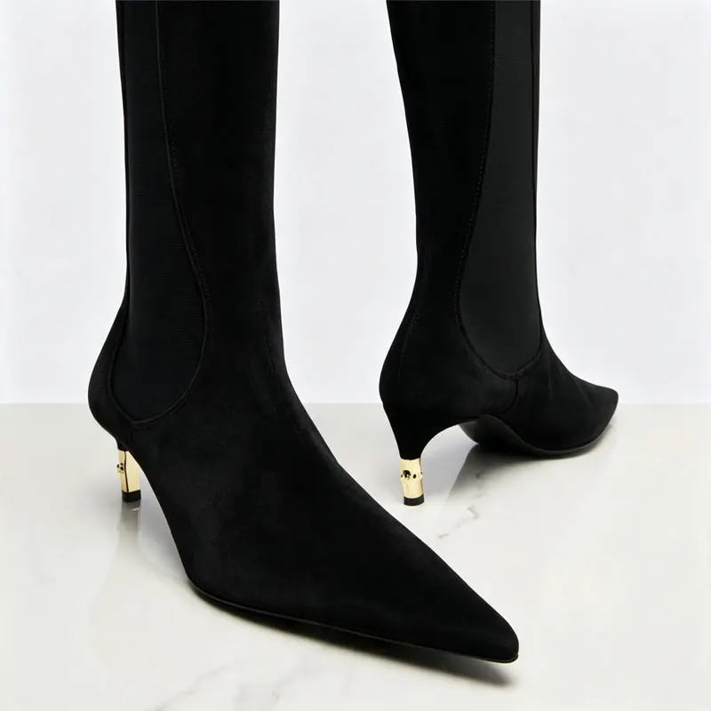 Women's New Knee High Boots with Pointed Kitten Heel and Stretch Fabric for Autumn and Winter Party Fashion, Mid Length Boots