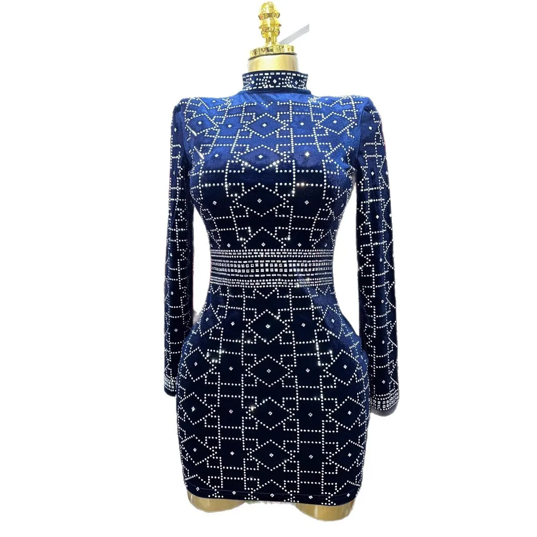 Femmes élégant luxe bleu Royal velours perles à manches longues perles moulante Mini robe haute rue bureau dames robes quotidiennes