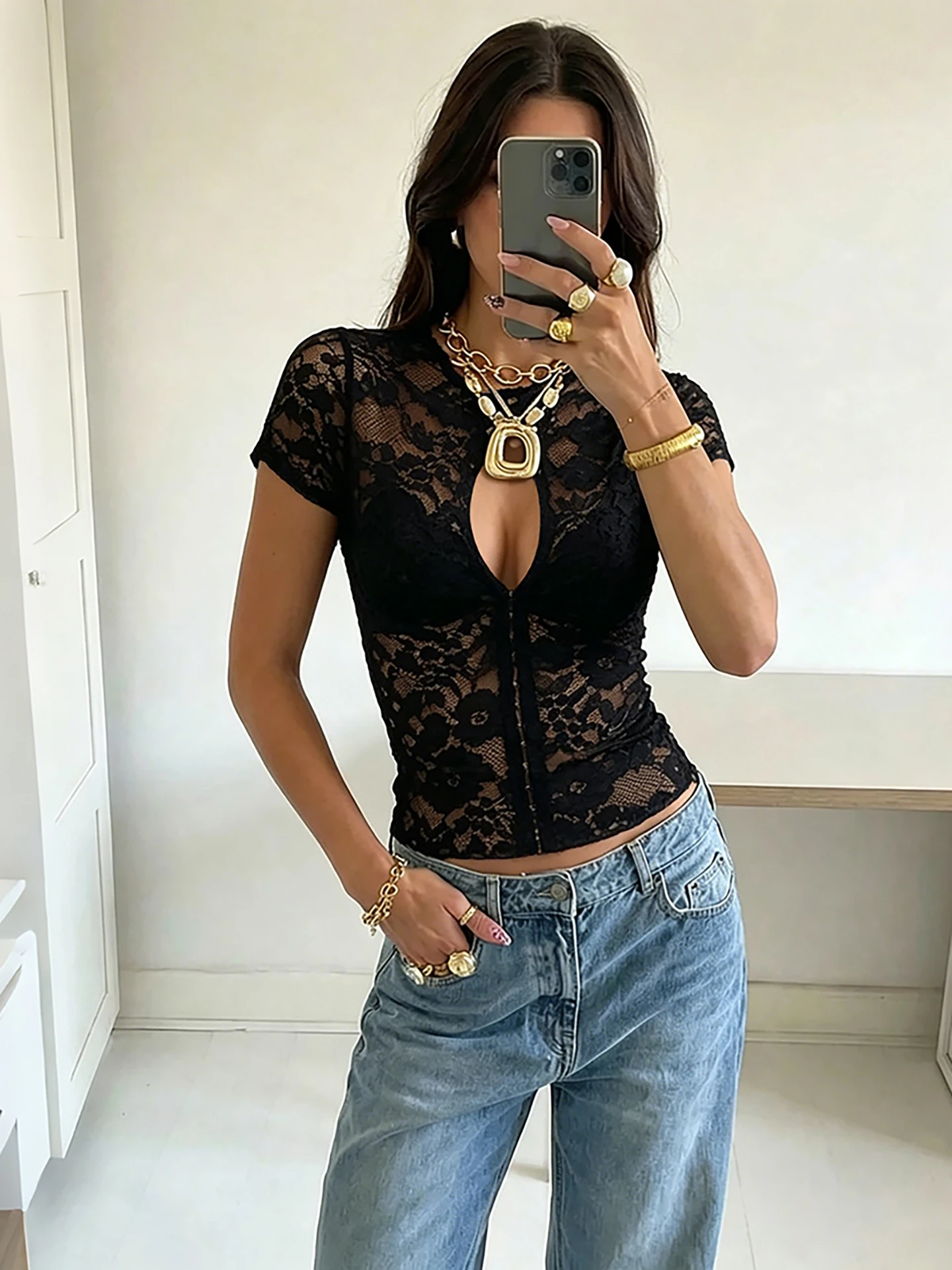 Weird Puss Metal Single-Breasted T-Shirt Women Sexy Jacquard See Through Turtleneck Short Sleeve Wild Chic Trend Street Clubwear