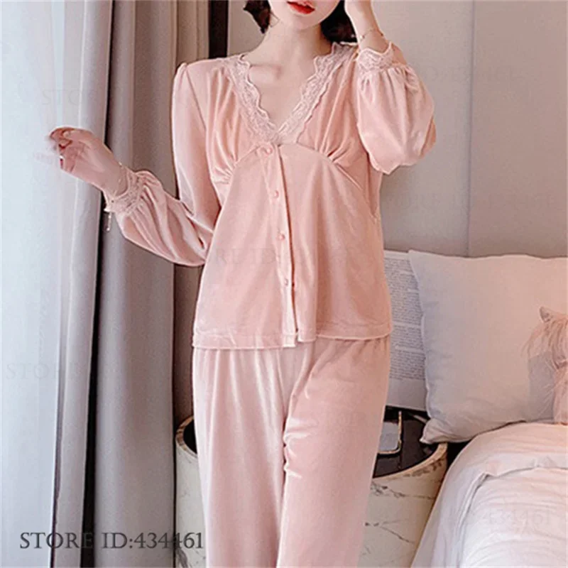 

Осень-зима женский пижамный комплект из 2 предметов, одежда для сна, бархатные брюки с v-образным вырезом и длинными рукавами, пижамный костюм, свободная повседневная велюровая одежда для дома