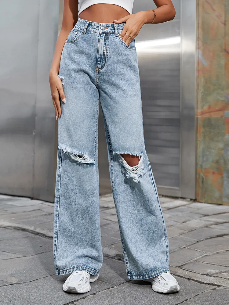 Calça jeans reta rasgada de cintura alta feminina, calça jeans azul, calças largas largas, streetwear casual, nova moda, outono, 2023