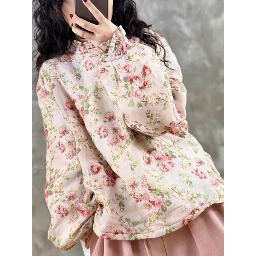 

Осенне-зимняя хлопковая куртка-толстовка для женщин, свободное хлопковое пальто с рюшами, утепленное, с защитой от старения, с оборками