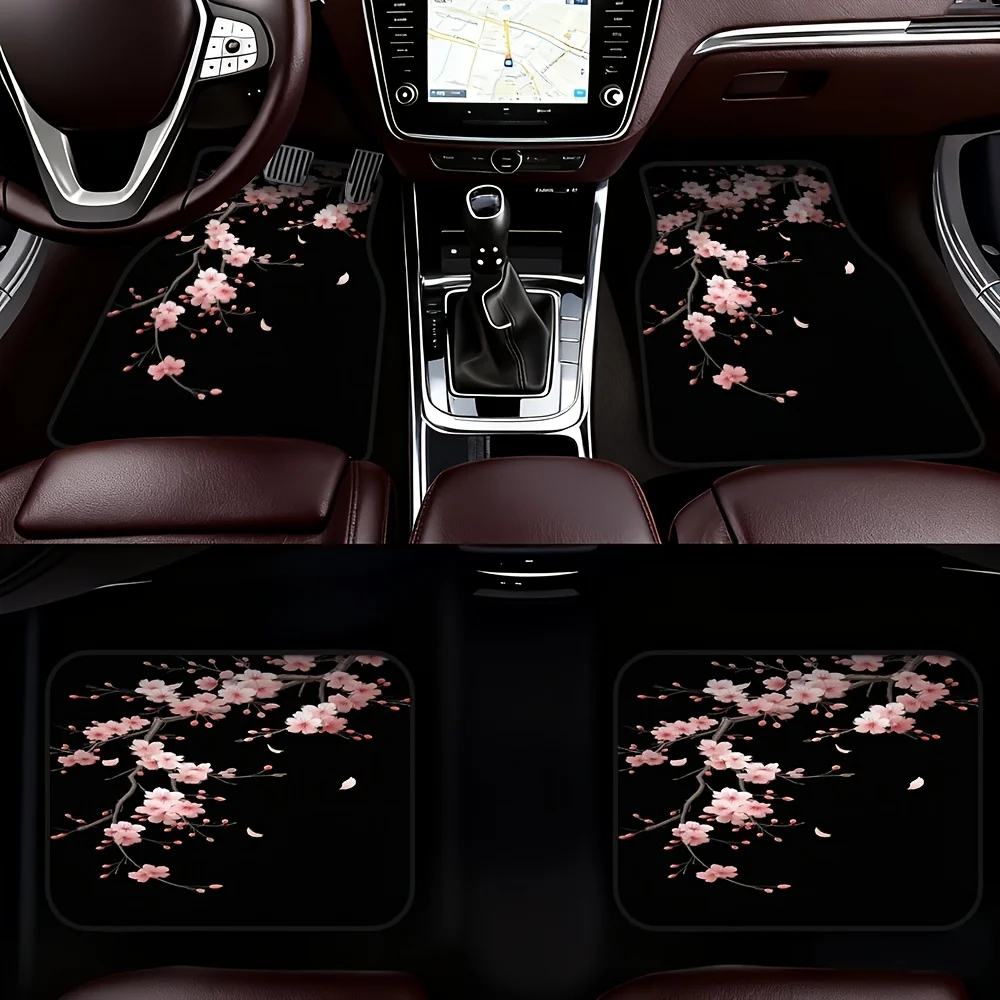 4pcs Japanese-Style Sakura Car Floor Mats | Black Base With Pink Floral Print, Polyester, Fits Hatchbacks & SUVs, Universally Ap