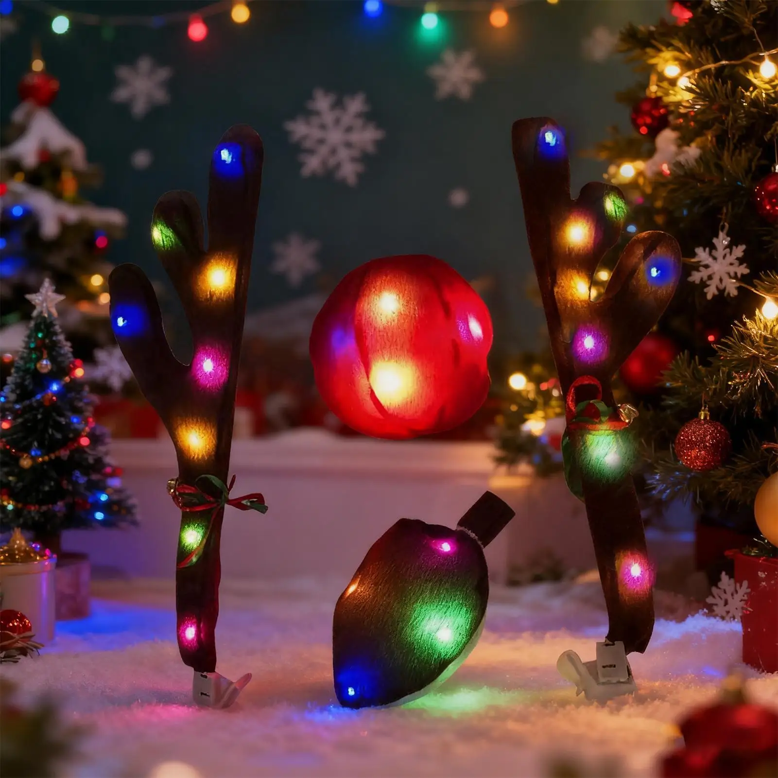 قرون السيارة LED قرن الوعل الرنة مع الأنف عيد الميلاد ديكور السيارة الخارجي مع ذيل للسيارات شاحنة سيارة SUV الخارجي