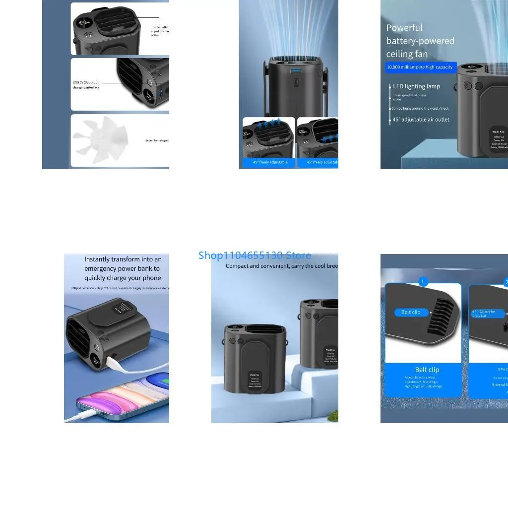 Wearable Necked Fan with LED Light for Outdoor Camping Portable Rechargeable Fan