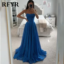 RFYR Blue Strapless A-line Evening Dress Vestidos De Noche Sequins Tulle Prom Dress with Pleat Spaghetti Strap Long Party Dress