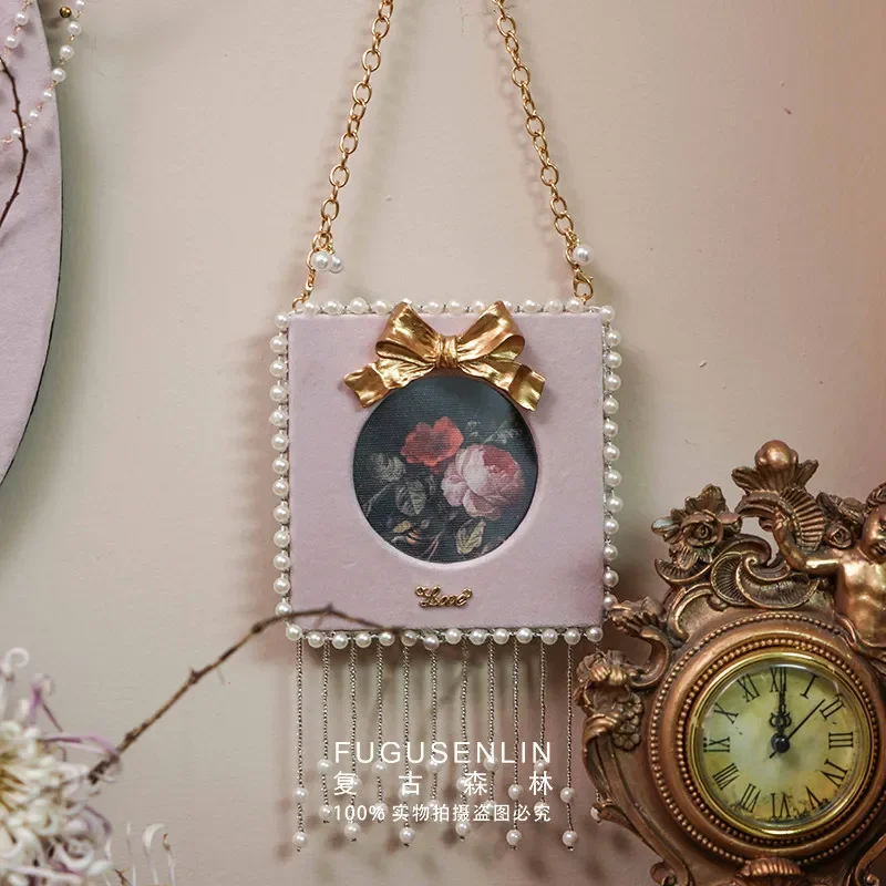 Vintage forest French handmade vermicelli velvet bow picture frame wall hanging homestay decoration pearl tassel photo frame orn