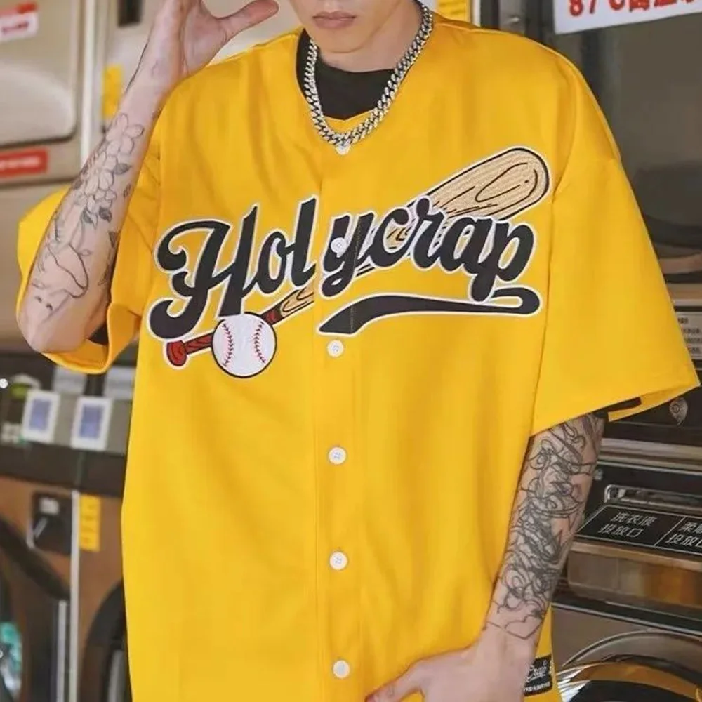 T Shirt American Hip-hop Retro Baseball Short Sleeve Shirts Cardigan Loose Letters Y2K West Coast Causal Tops Men's Clothing