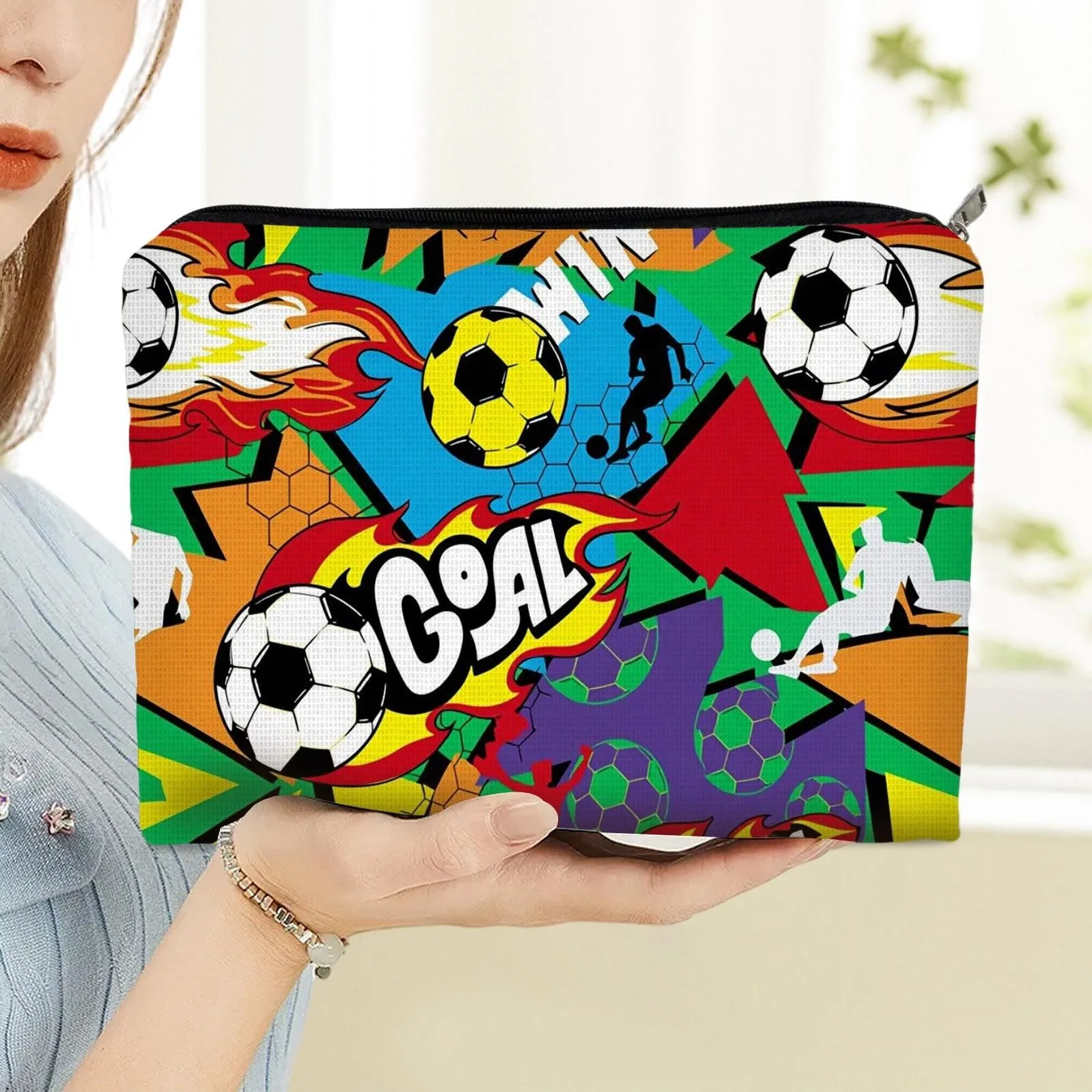 Soccer Themed Makeup Bag with Double Sided Goal Print Soccer Design Vibrant Suitable Beauty Storage Football Enthusiast