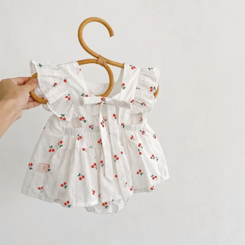 Newborn Baby Girl Cherry Fly Sleeve Romper Dress Infant Toddler Sleeveless Backless Onesies Vestido Summer Baby Clothes 3-18M