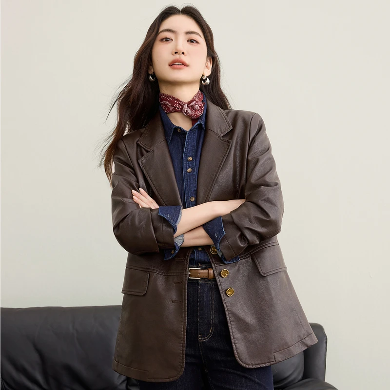 SENTUBILA Damen-Jacke aus Kaffee-Pu-Leder, moderner Biker-Stil, Mantel mit Kerbkragen, langärmelig, lässig, winddicht, W53GE2747