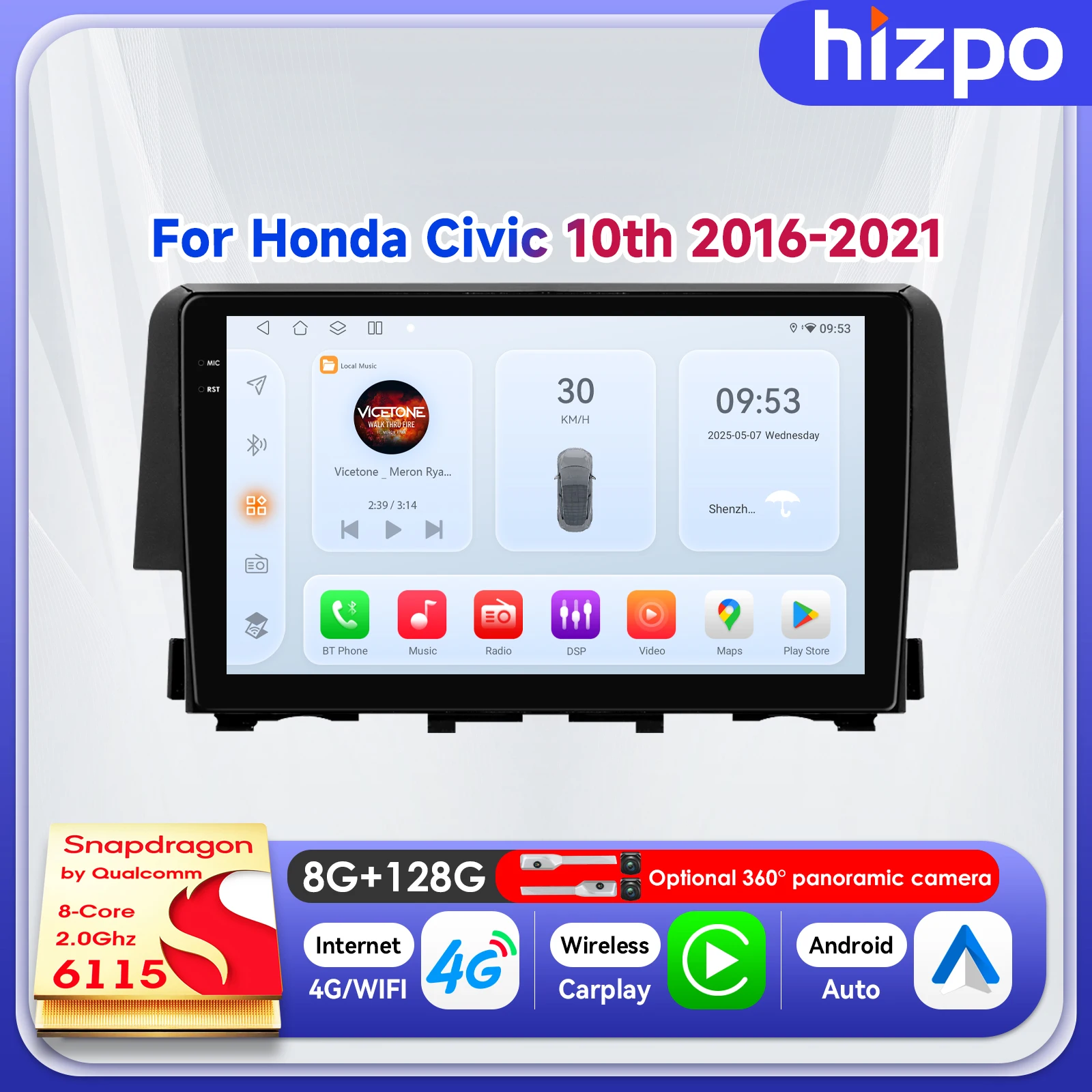 

Смарт-монитор Hizpo 9 дюймов, 8+128 ГБ, навигация, Carplay, Android Auto для Honda Civic 2016-2018, мультимедийный стереоплеер 2DIN, Wi-Fi