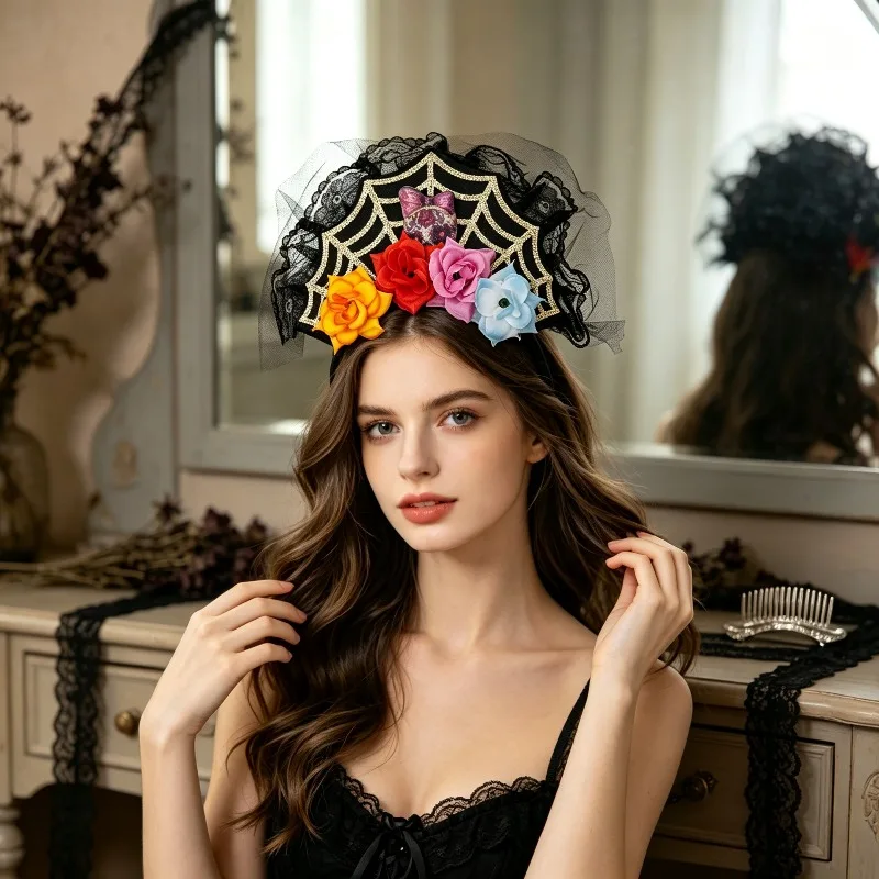 Lace Spider Web Artificial Floral Hair Hoop Trendy Headwear Mexican Day Of The Dead Halloween And Horror Theme Party Dress Up