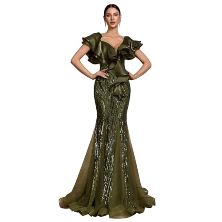 

V-Neck Long Maxi Mermaid Evening Gown with Ruffle Sleeve and Sequin Backless Mesh Cocktail Dress for Party and Prom