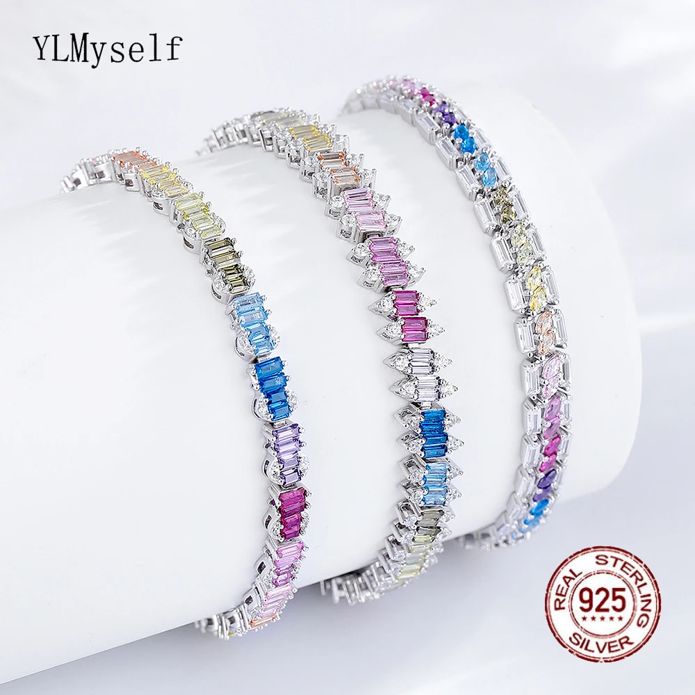 Solid 925 Silver Fine  Jewelry 17.5 CM (7 Inch) Chain Bling Full Rainbow Cubic Zircon Real Silver Tennis Bracelet For Women