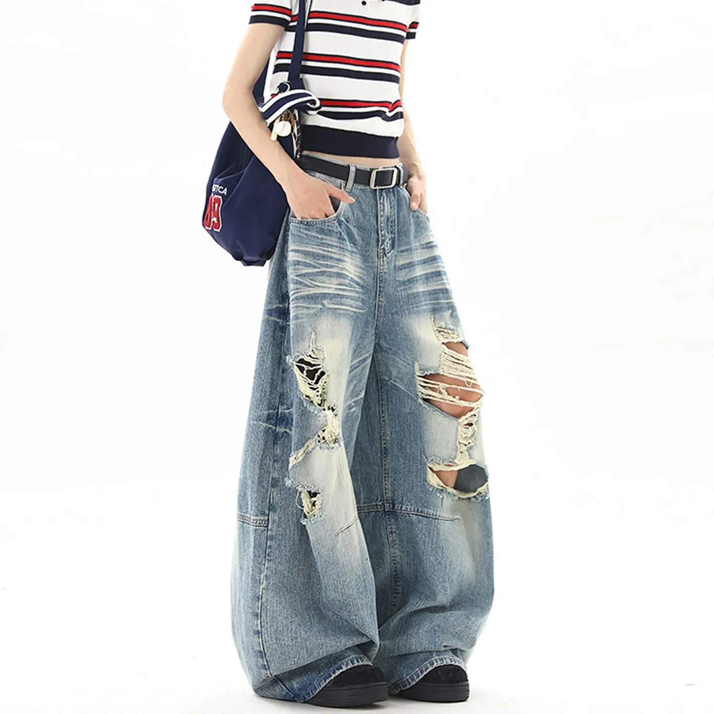 American Street Style Summer Ripped Jeans Casual Fashion Retro Splicing Washed Hollowed Out Women's Oversized Denim Pants