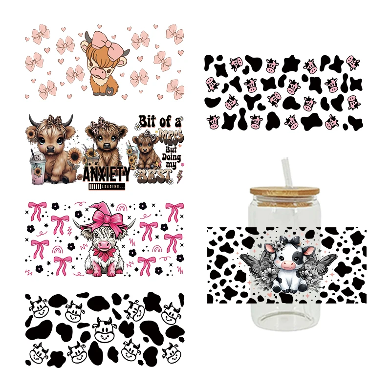 Uv Dtf Cup Wrap Iron On Transfer Cartoon Cow Stickers For Glass Cup 16oz Decoration D23432