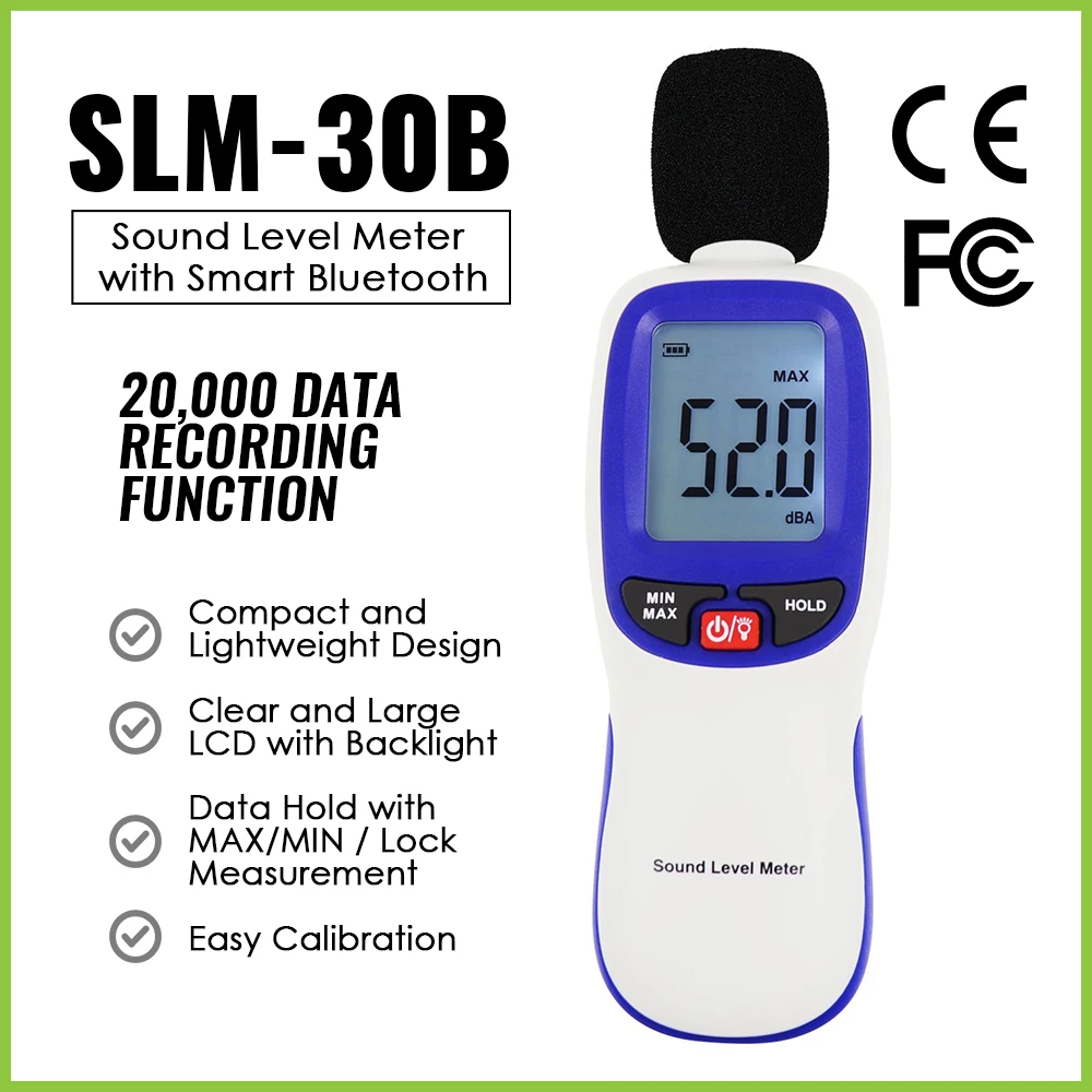 Bluetooth Sound Level Meter 30-130dBA Decibel Meter w/ App for Data Logging Excel Export ±1.5dB Noise Tester for Office Lab