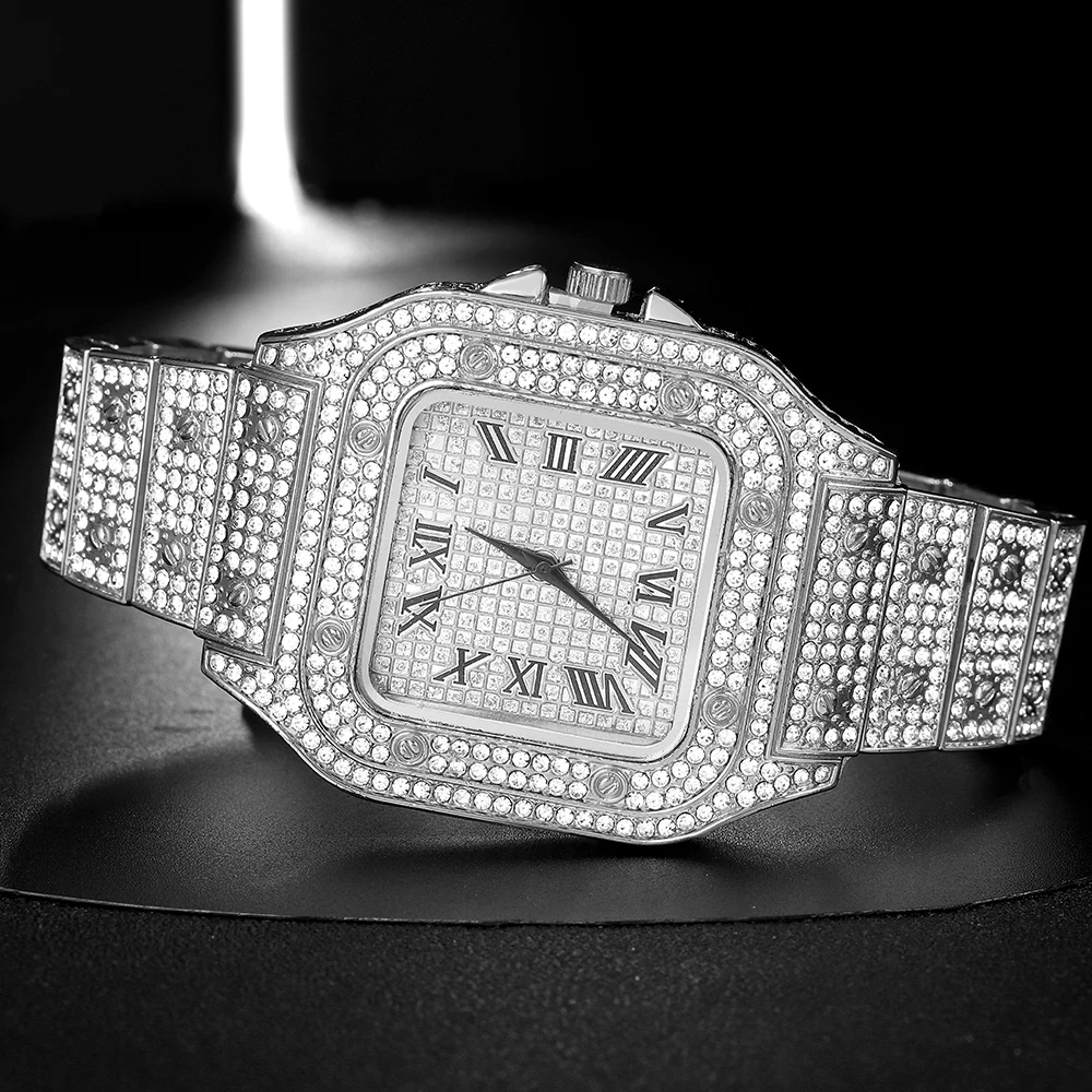 Unisex Hip Hop Diamond Quartz Watch, Luxury Shiny Diamond Wristwatch for Rappers, Fashion Jewelry Accessories