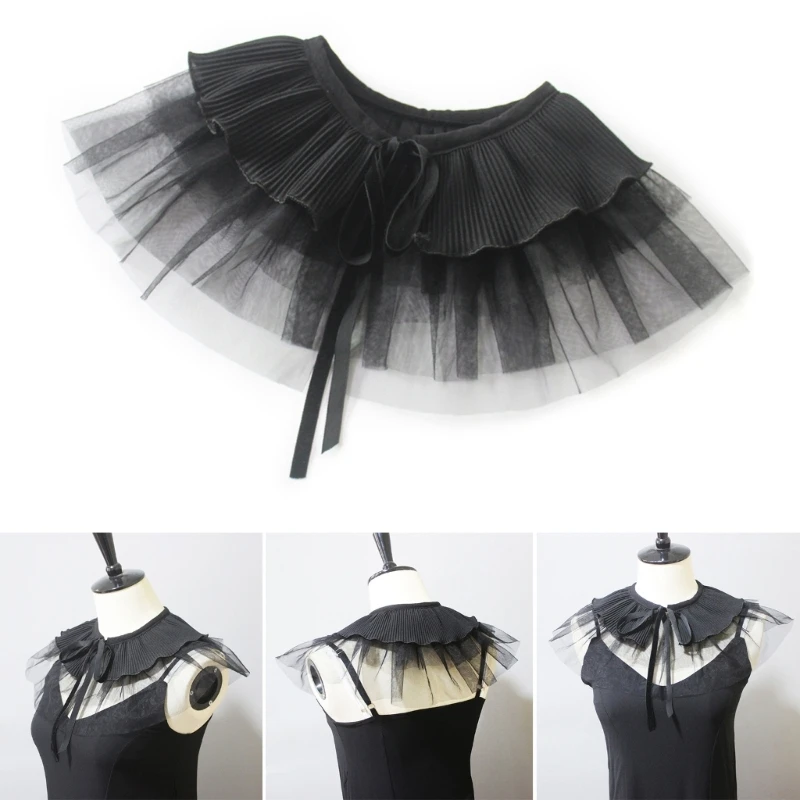 Womens Layered Ruffle Mesh Detachable False Collar Ribbed Knit Splicing Shawl Wrap Scarf Lace-Up Bowknot Capelet Shrugs