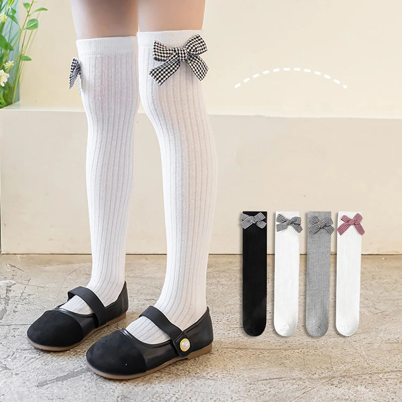 Plaid Bow Girls Knee-high Socks Spring Autumn Children JK Stockings Solid Color Long Tube Sock College Style Kids Cotton Socks