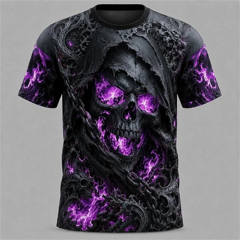 Fashion Grim Reaper Skull 3D Full Print Mens T Shirt Short Sleeve Crew Neck Tops Streetwear Halloween Cosplay Cool Casual Tees