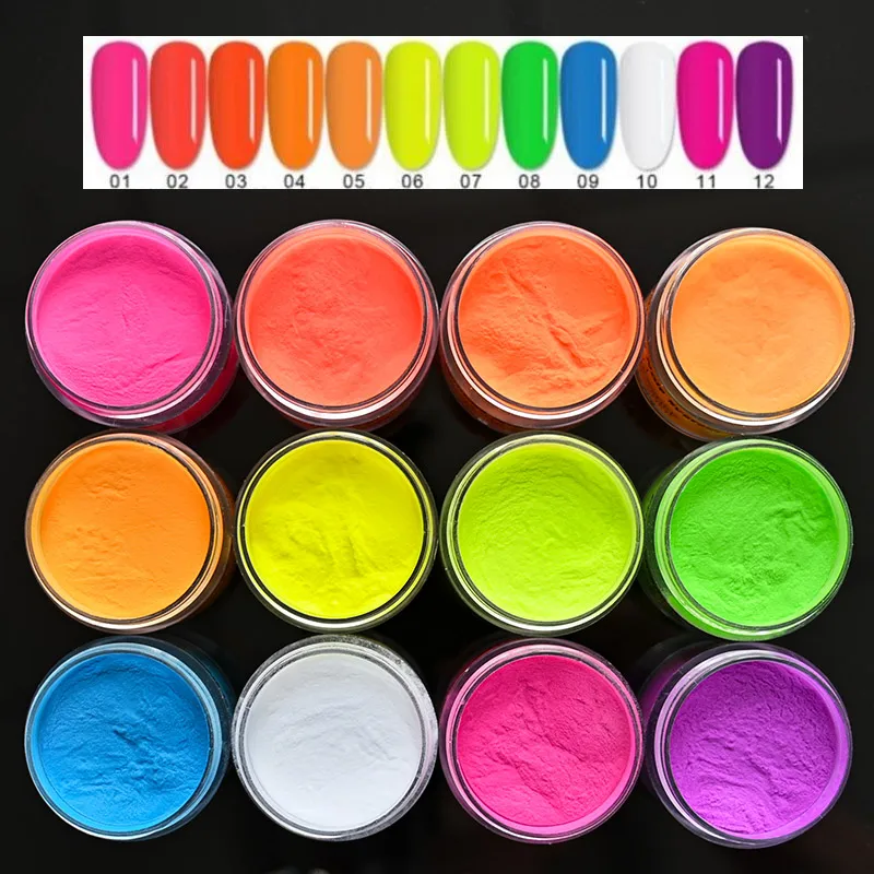 100G Neon Acrylic Phosphor Nail Powder 12 Fluorescent Color Nails Pigment Iridescence UV Bright Phosphor Dust Manicure supplies-