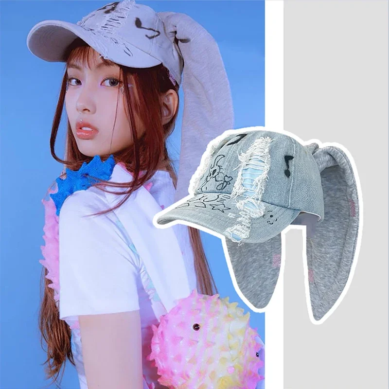 Women's Hat South Korea Newjeans with Rabbit Ears Cap Cowboy Wash Graffiti Sweet Cool Hip Hop Fashion All-match Baseball Cap