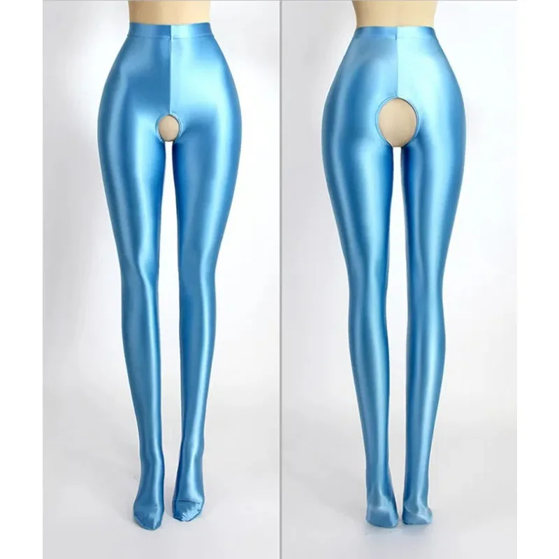 

Candy Colors Open Crotch Opaque Glossy Pantyhose Wet Look Footed Shiny Tights Yoga Pants High Waist Training Sports Leggings