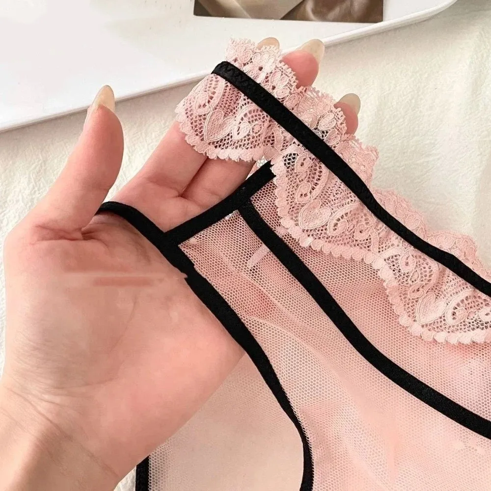 Comfortable Mid Waist Lace Briefs Hollow Mesh Women Underwear Transparent Sweet Lace Trim Underwear Girl