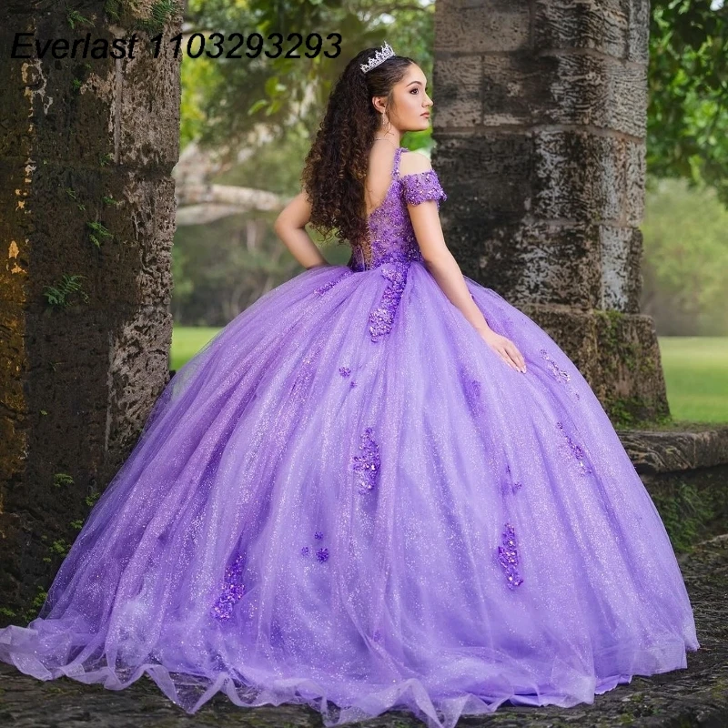 EVLAST Customized Mexican Shiny Purple Quinceanera Dress Ball Gown Lace Applique Beaded Corset Sweet 16 Vestido De 15 Anos E1Q55