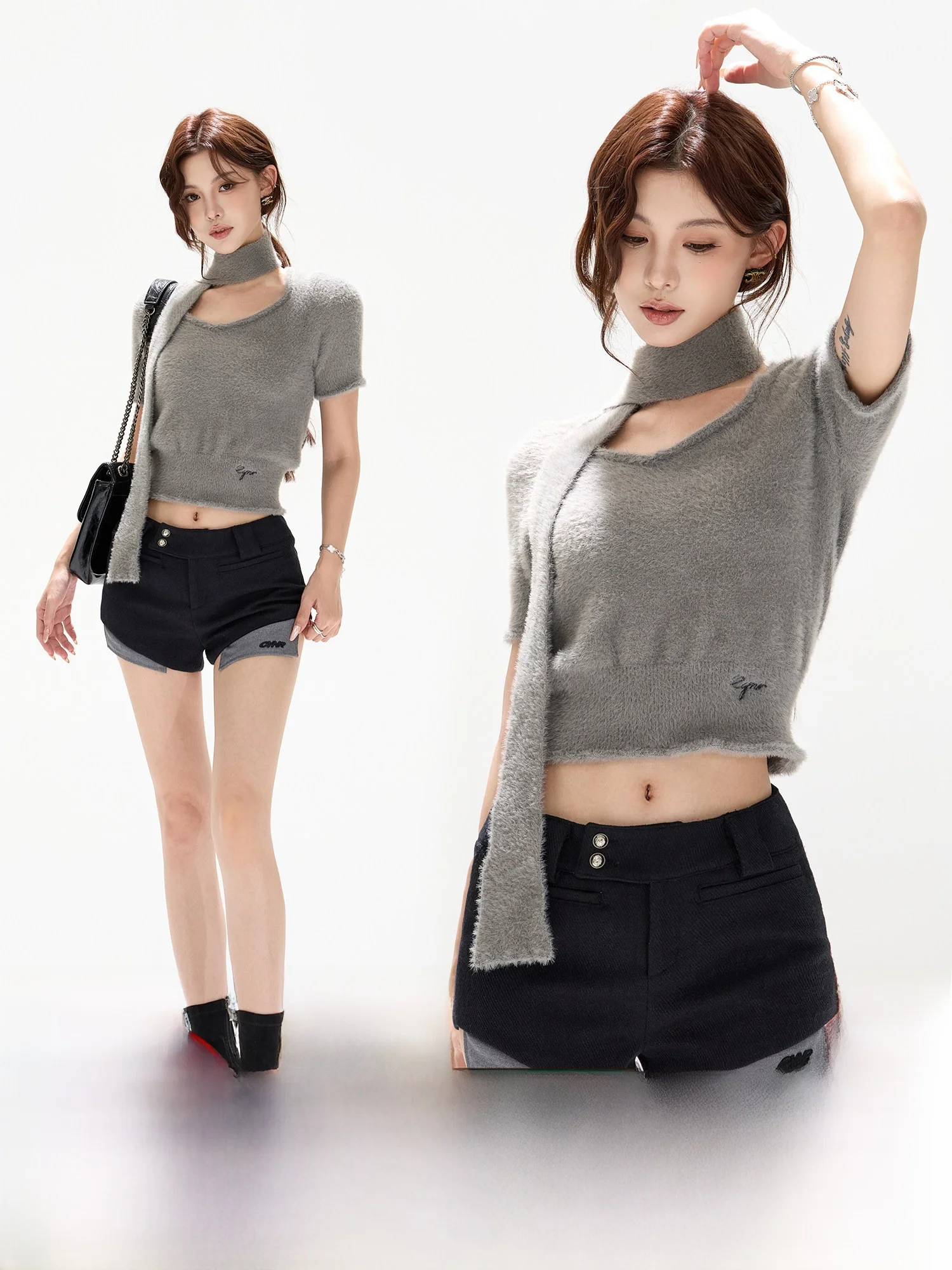 

CYNR Original Design Lazy Wild Heart Collar Faux Mink Trim Sweater Slim Waist Top Women Autumn Winter Faion Casual