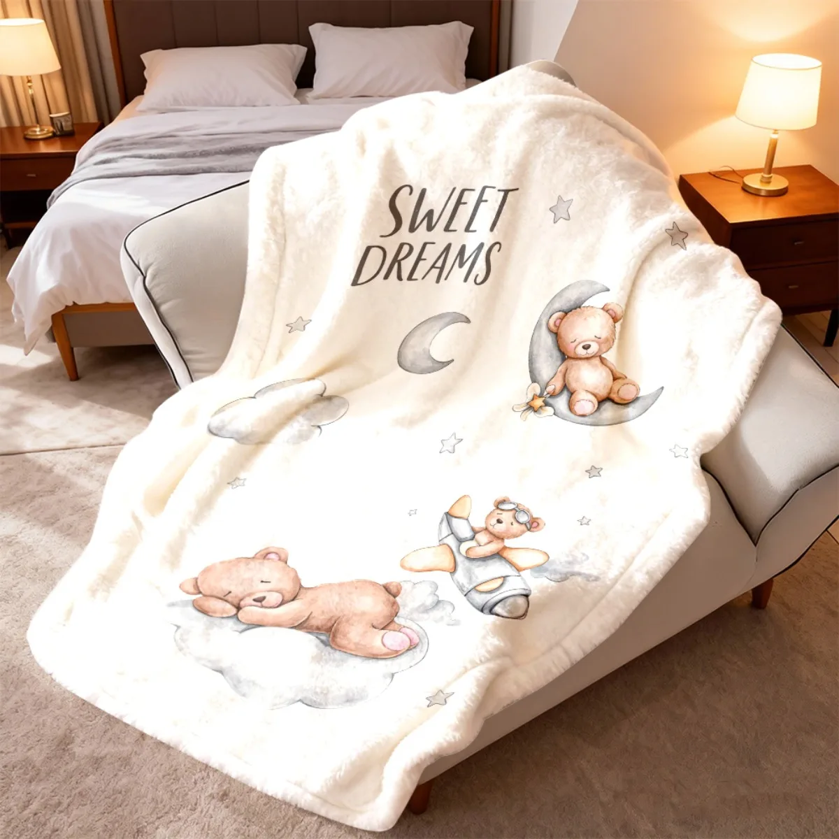 1pc Sweet Dreams Watercolor Baby Bears Moon Stars Print Flannel Blanket Multi-Purpose, Long-Lasting, Machine Washable, Reusable