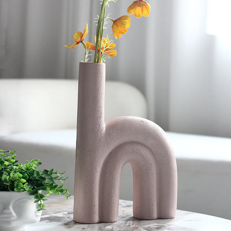 

Modern wabi sandy wind geometric h-shaped vase soft decoration living room model room dining table ins coarse pottery flower war