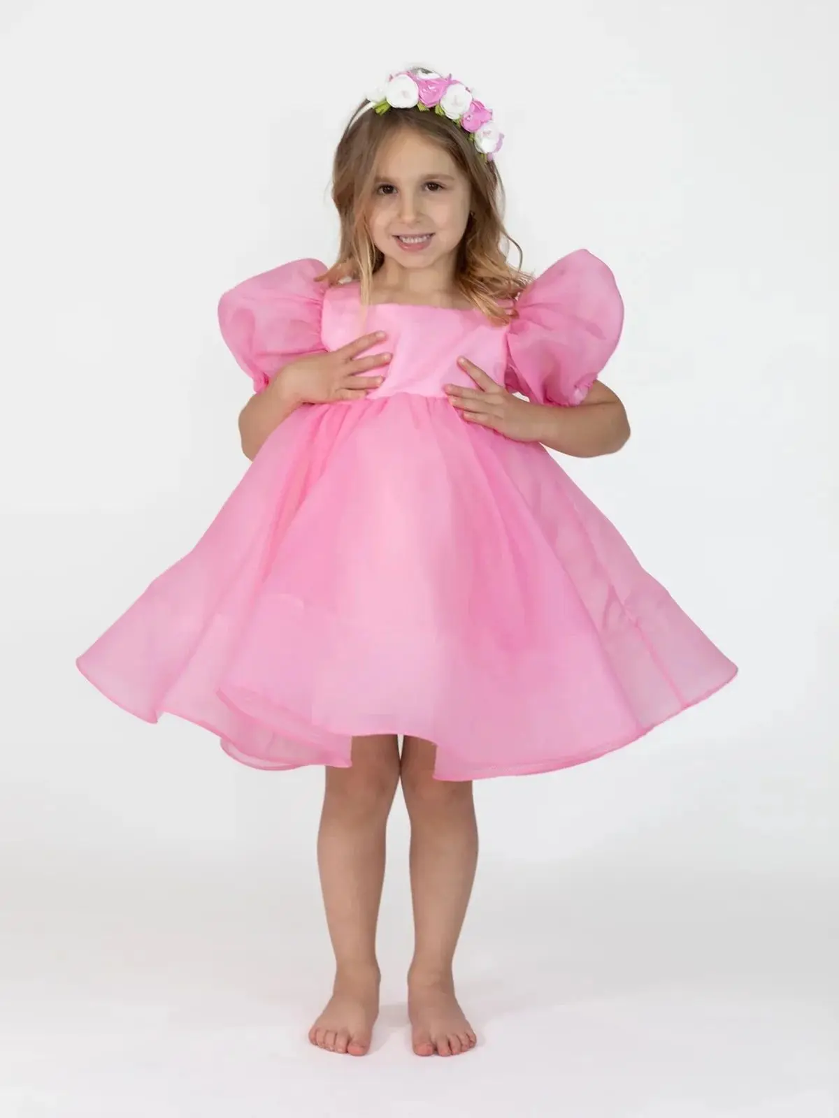 

Extra Puffy Pink Flower Girl Dresses Knee Length Bows Kids Birthday Gowns Little Girls Wedding Guest Photoshoot Dresses