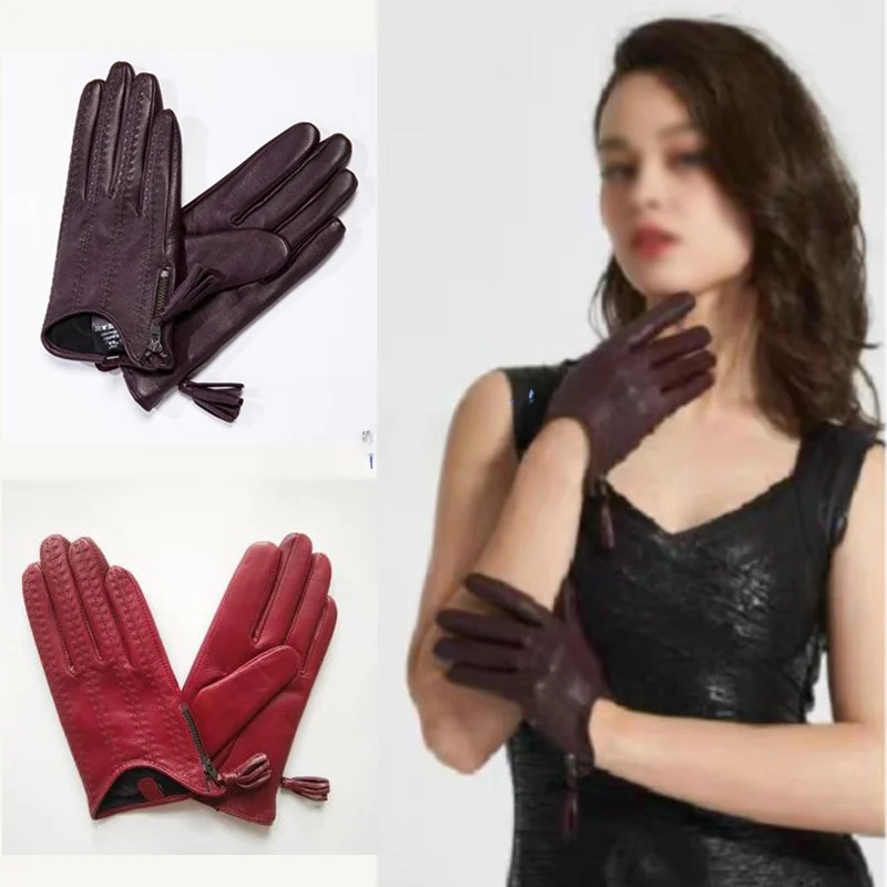 秋冬本革手袋女性用薄型フリース裏地付きタッチスクリーンオートバイジッパータッセル手袋バイク乗用用